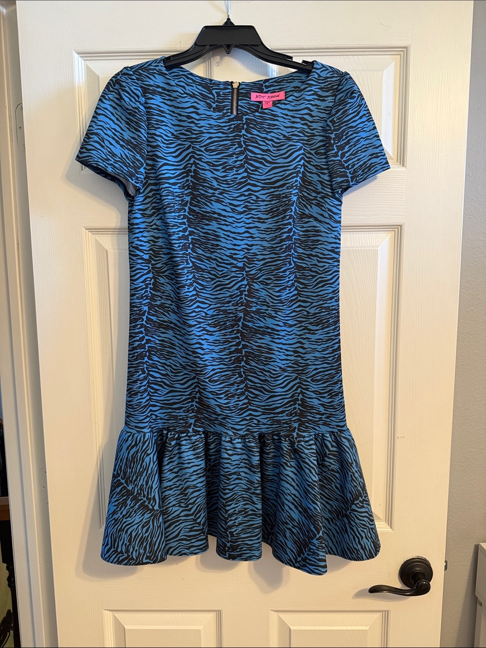 Betsey Johnson Blue and Black Zebra-Print Ruffle-Hem Casual Dress